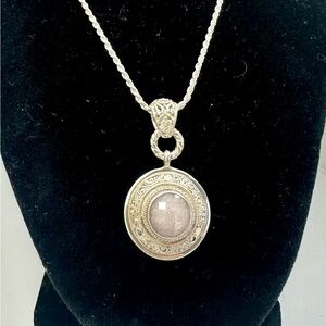 SARDA Sterling Silver Pink Faceted Stone Circle Filigree Scroll Pendant Necklace